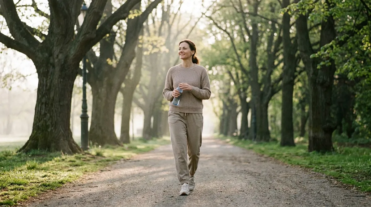 Une femme marche d'un pas rapide dans un parc au petit matin, gourde à la main