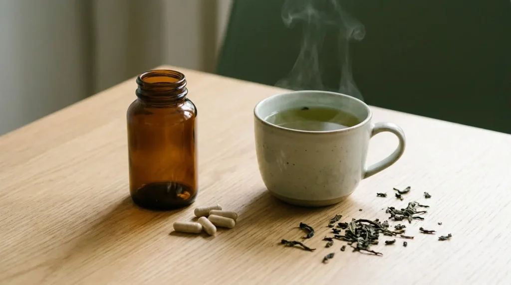 Des gélules neutres et un flacon sans étiquette posés à côté d'une tasse de thé vert sur une table claire