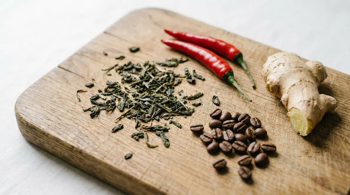 Feuilles de thé vert, grains de café, piments rouges et gingembre disposés sur une planche en bois