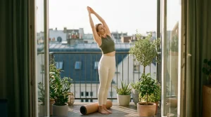 Une femme s'étire sur un balcon au lever du jour, tenue de sport et tapis roulé à ses pieds