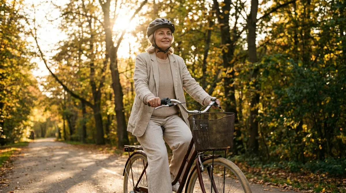 Une femme pédale d'un rythme régulier sur une piste cyclable bordée d'arbres