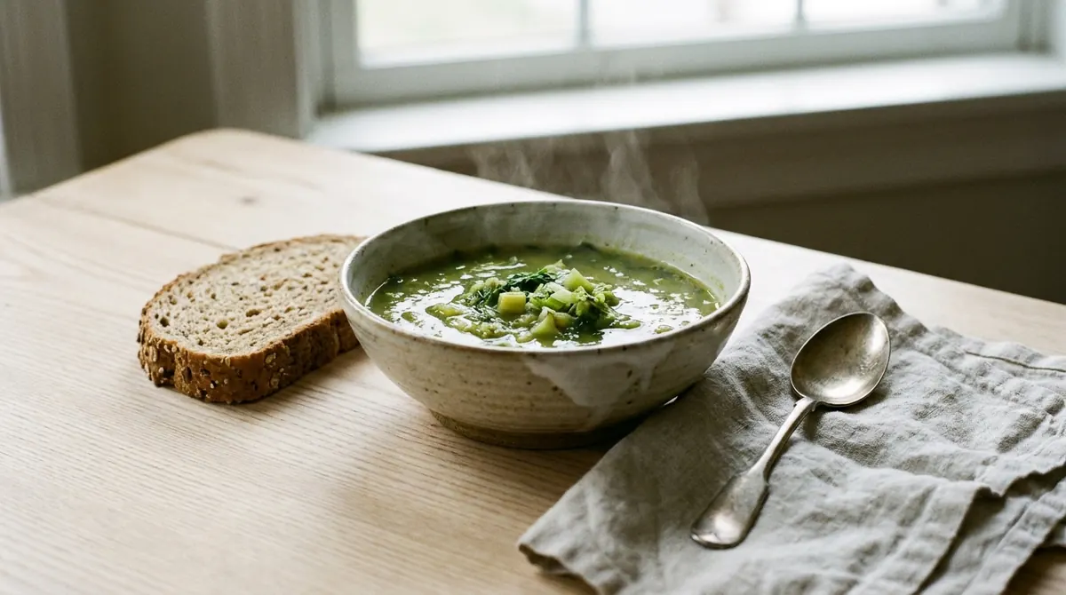 Un bol de soupe de légumes fumante servi avec une tranche de pain complet