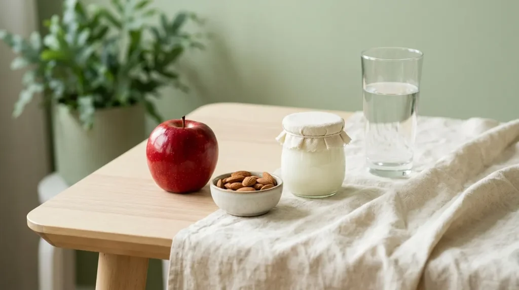 Une pomme, une poignée d'amandes et un verre d'eau posés sur une table en bois clair