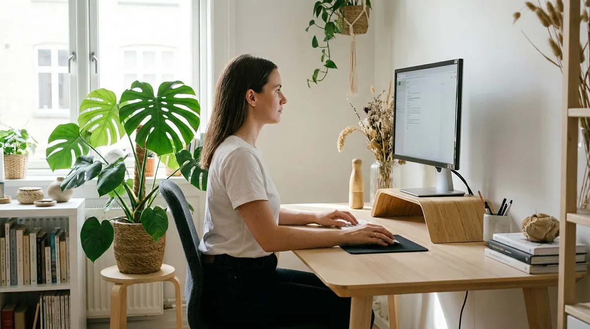 Une femme travaille à un bureau avec l'écran surélevé à hauteur des yeux, dos droit et tête alignée