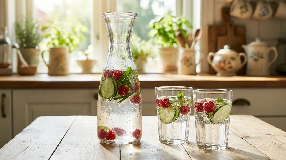 Une carafe d'eau pétillante avec des tranches de concombre, des framboises et de la menthe