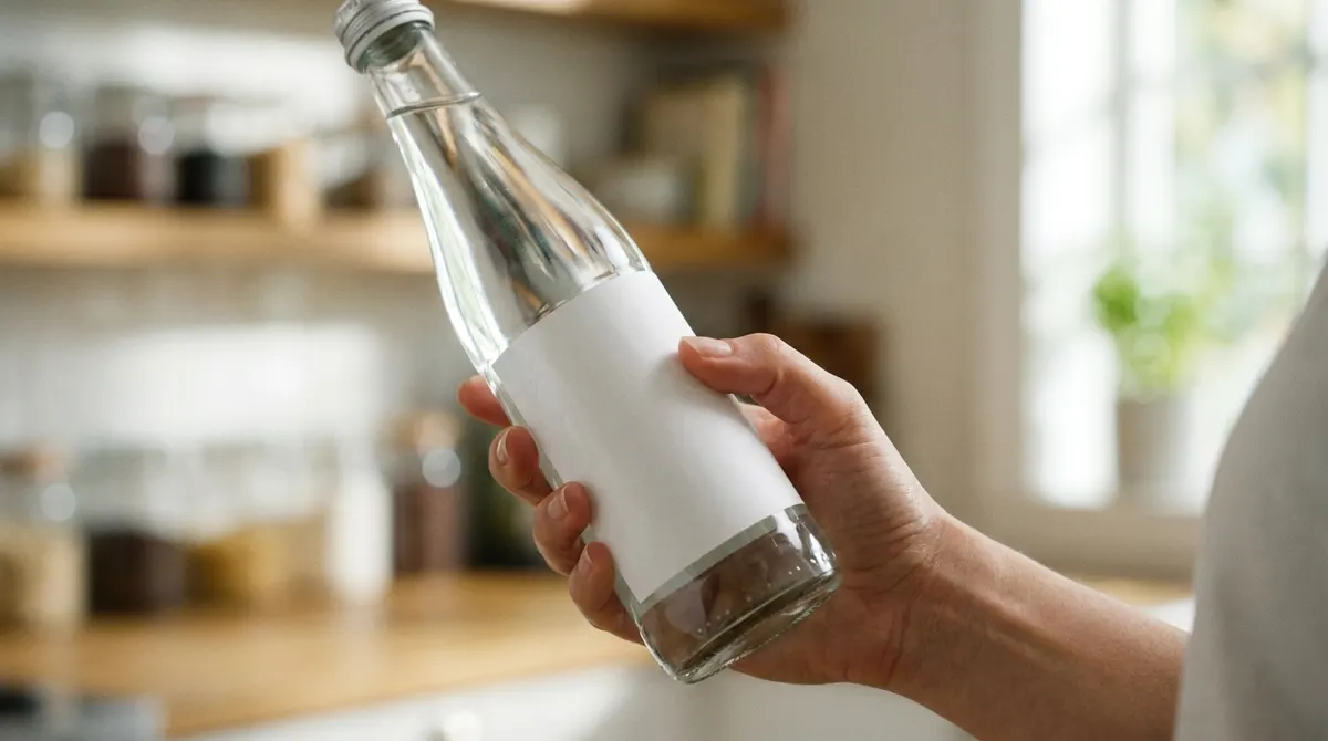 Une main tient une bouteille d'eau gazeuse sans marque et lit l'étiquette de composition minérale