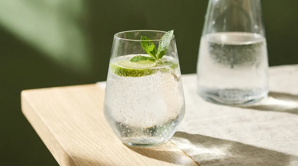 Un grand verre d'eau gazeuse avec des bulles, une rondelle de citron et une feuille de menthe sur une table lumineuse