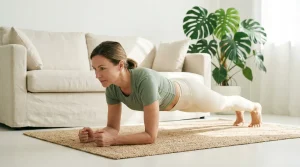 Une femme tient la position de la planche sur un tapis de sport dans un salon lumineux