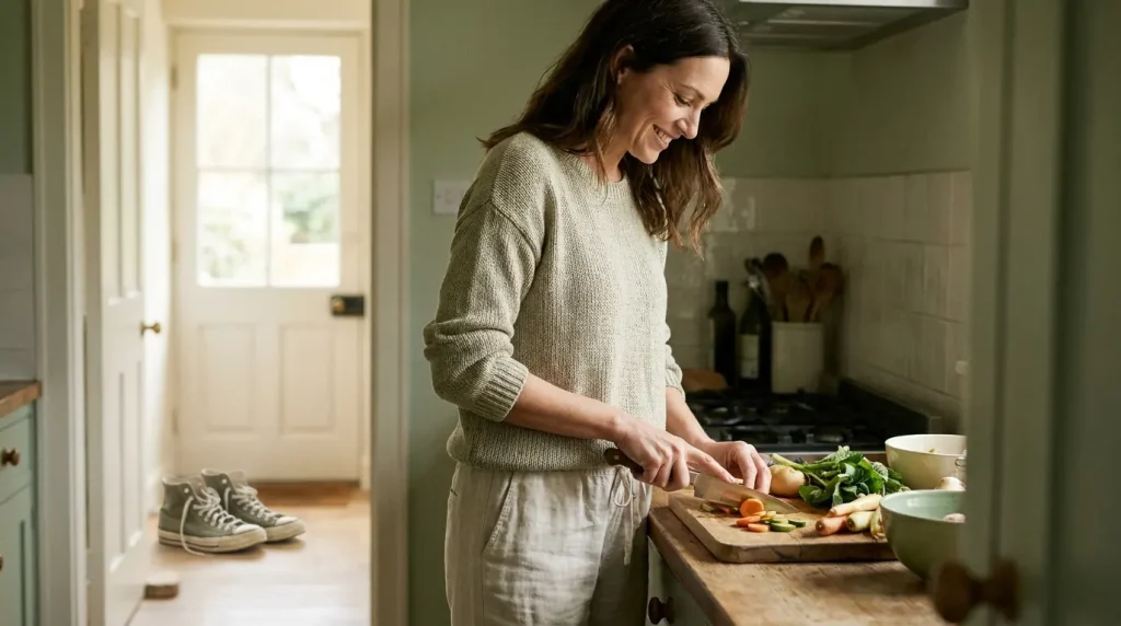 Une femme prépare une salade dans une cuisine claire, ses baskets posées près de la porte en arrière-plan