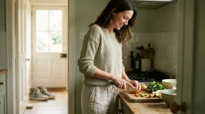 Une femme prépare une salade dans une cuisine claire, ses baskets posées près de la porte en arrière-plan