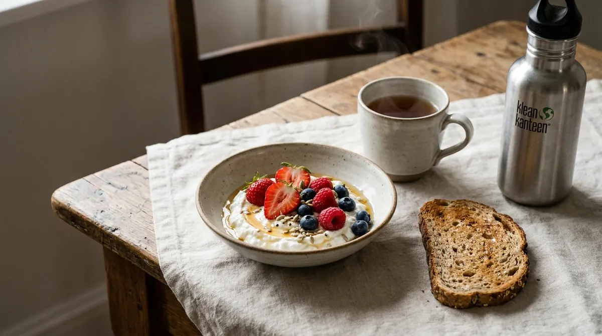 Une table de petit-déjeuner simple : bol de fromage blanc aux fruits, tartine de pain complet, thé et gourde