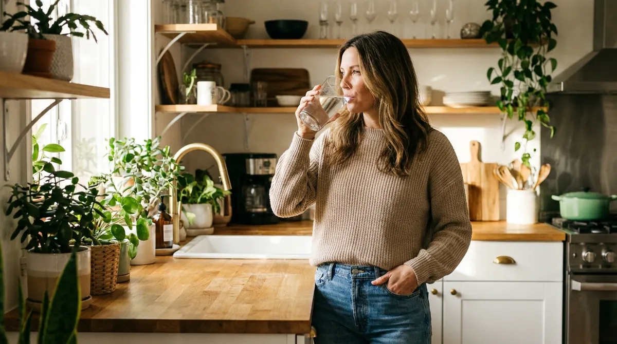 Une femme boit un grand verre d'eau debout dans sa cuisine, lumière du matin