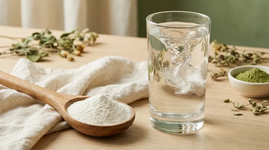 Une cuillère de poudre de glucomannane à côté d'un verre d'eau dans lequel un gel translucide se forme