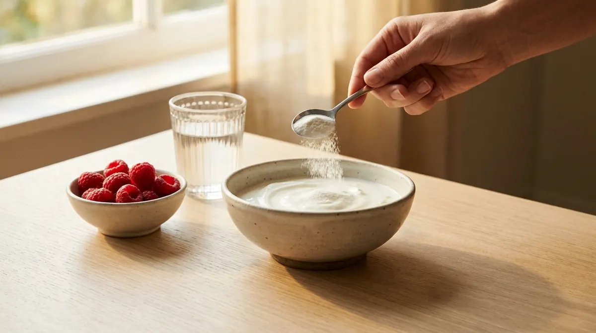 Un bol de yaourt nature dans lequel on verse une cuillère à café de poudre de konjac, fruits rouges à côté