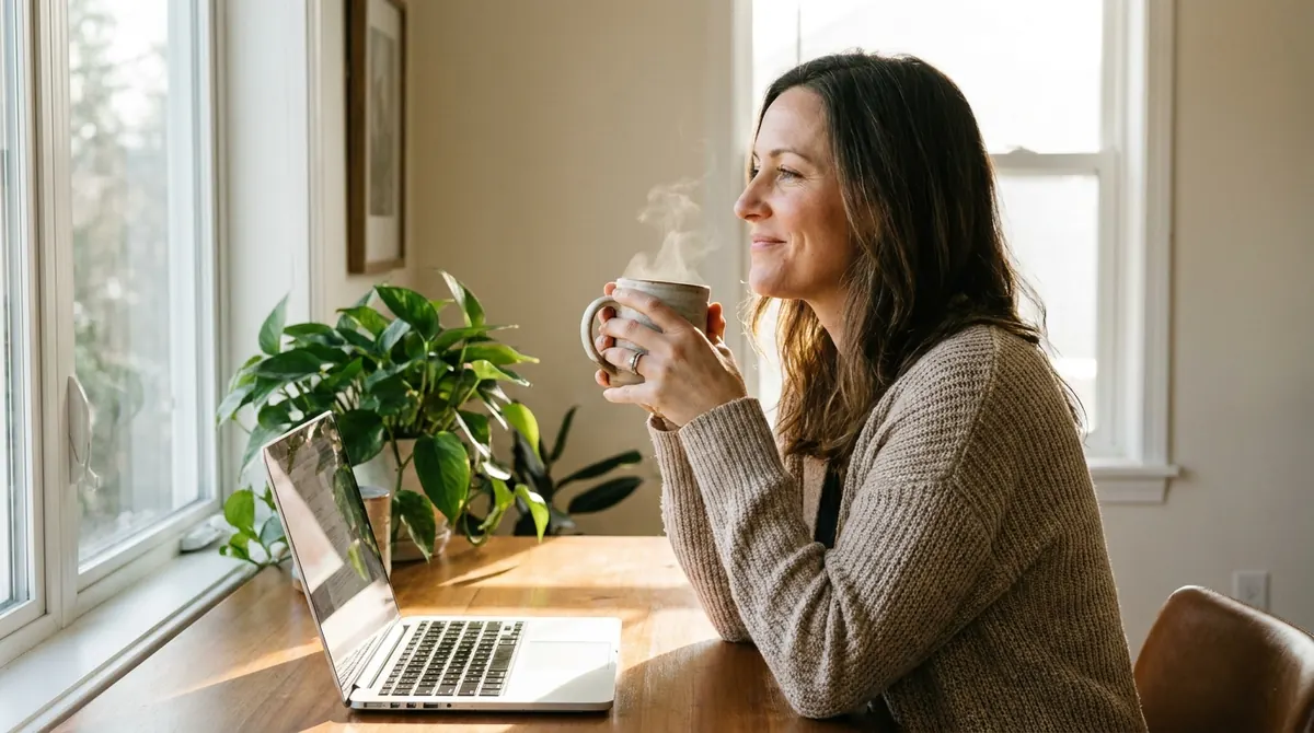 Une femme fatiguée tient une tasse fumante à son bureau, fenêtre lumineuse derrière elle