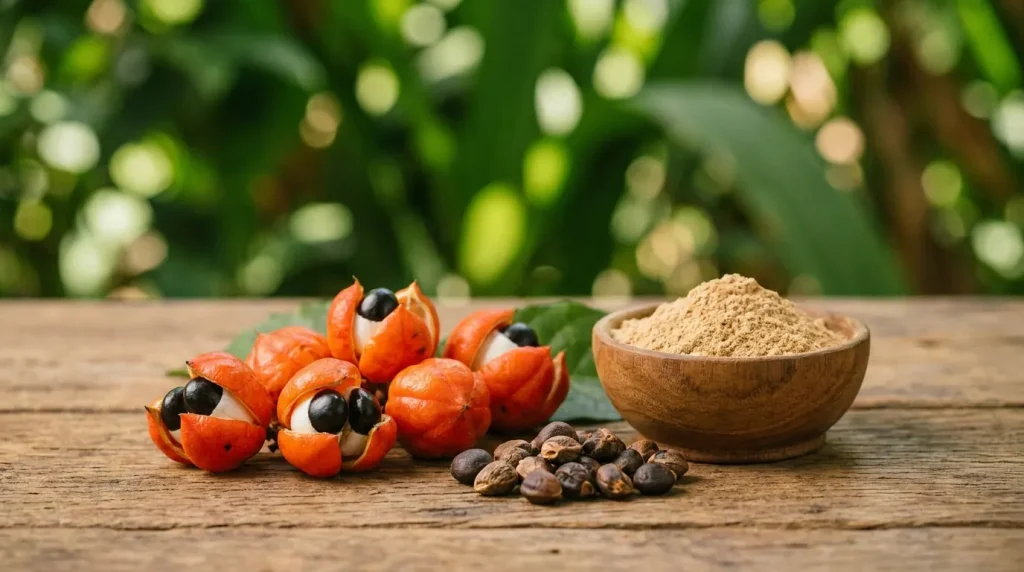 Des graines de guarana rouges et noires et un bol de poudre brune sur une table en bois