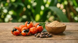 Des graines de guarana rouges et noires et un bol de poudre brune sur une table en bois