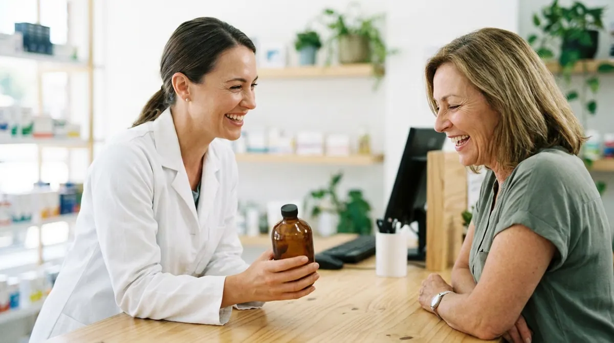 Une pharmacienne montre un flacon neutre à une cliente au comptoir d'une pharmacie