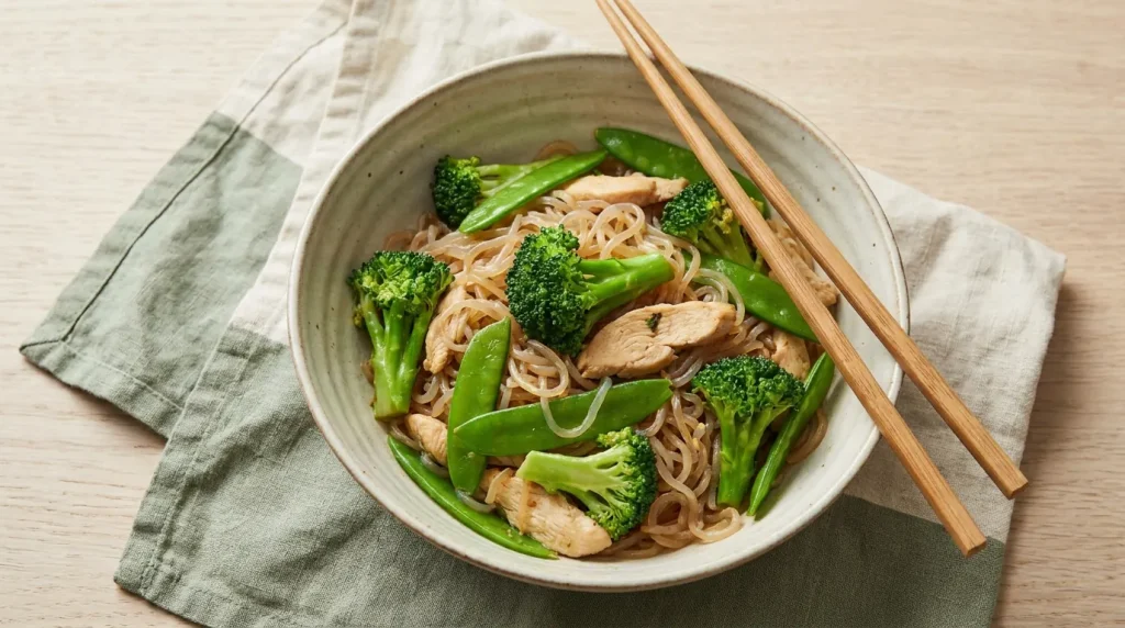Un bol de nouilles de konjac translucides sautées avec des légumes verts et des baguettes