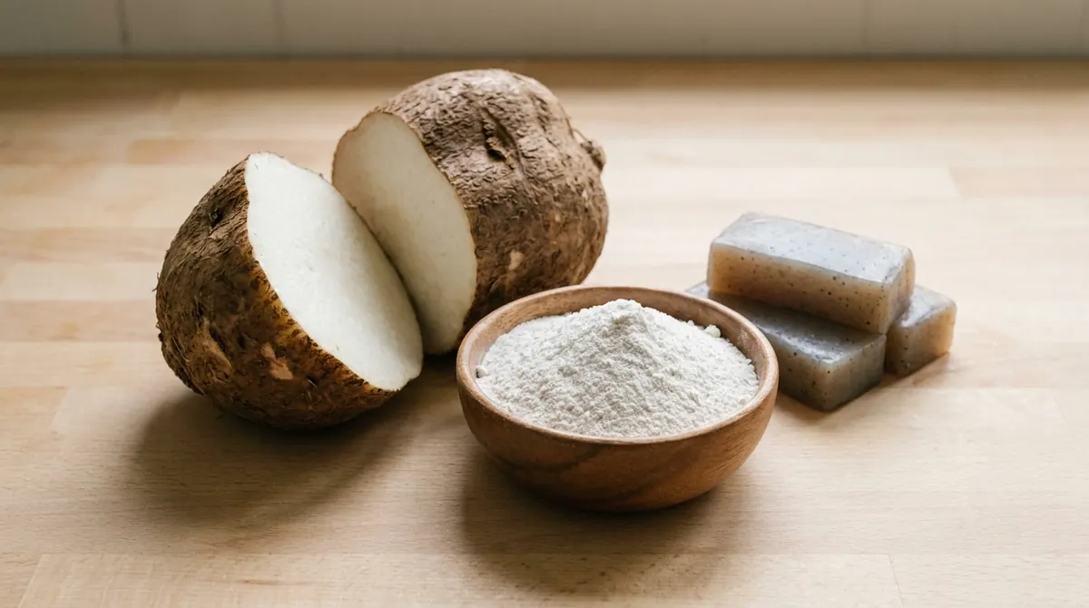 Un tubercule de konjac coupé à côté d'un bol de farine de konjac sur un plan de travail