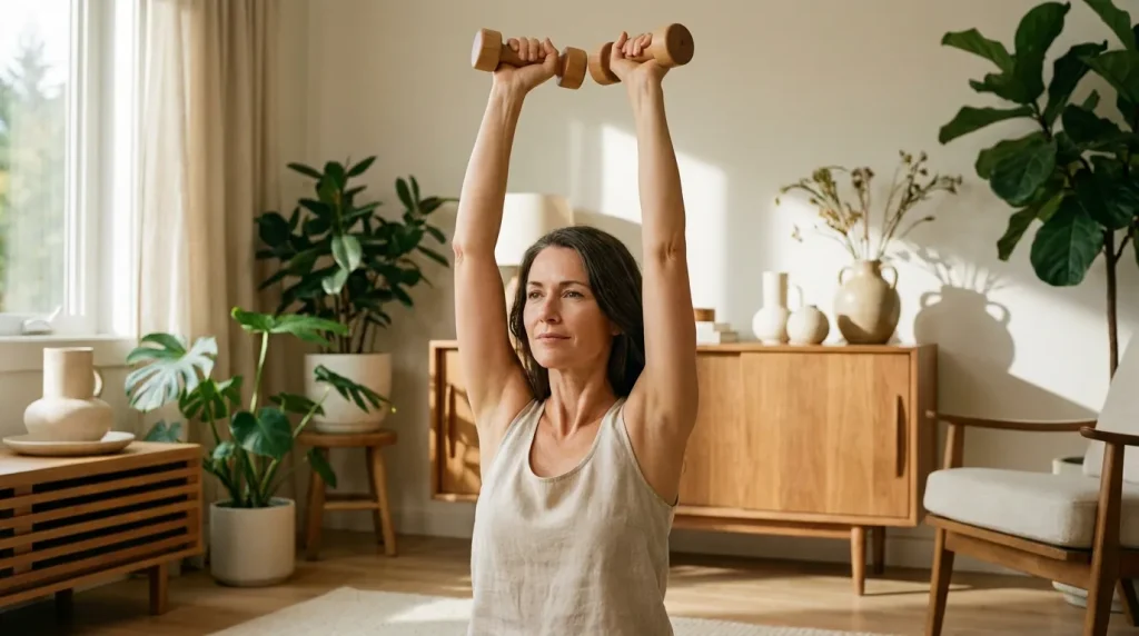 Une femme de 45 ans réalise un exercice pour les bras avec de petits haltères dans un salon lumineux, sourire détendu