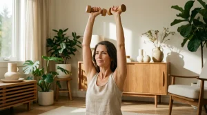 Une femme de 45 ans réalise un exercice pour les bras avec de petits haltères dans un salon lumineux, sourire détendu