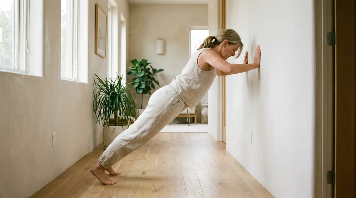 Une femme fait des pompes contre un mur dans son couloir, exercice simple sans matériel
