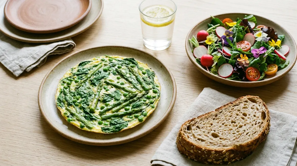 Une assiette riche en protéines : omelette aux légumes, salade et pain complet