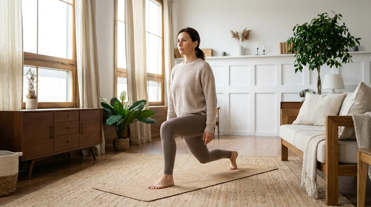 Une femme réalise une fente avant dans son salon, tapis de sport, lumière douce