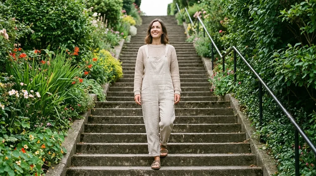 Une femme monte un long escalier extérieur d'un bon pas, en tenue décontractée, vue de trois quarts