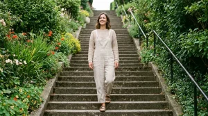 Une femme monte un long escalier extérieur d'un bon pas, en tenue décontractée, vue de trois quarts