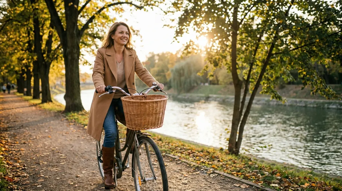 Une femme pédale tranquillement à vélo sur une piste cyclable bordée d'arbres