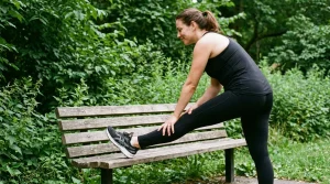 Une femme s'étire le mollet contre un banc de parc après une marche, jambes en tenue de sport ample