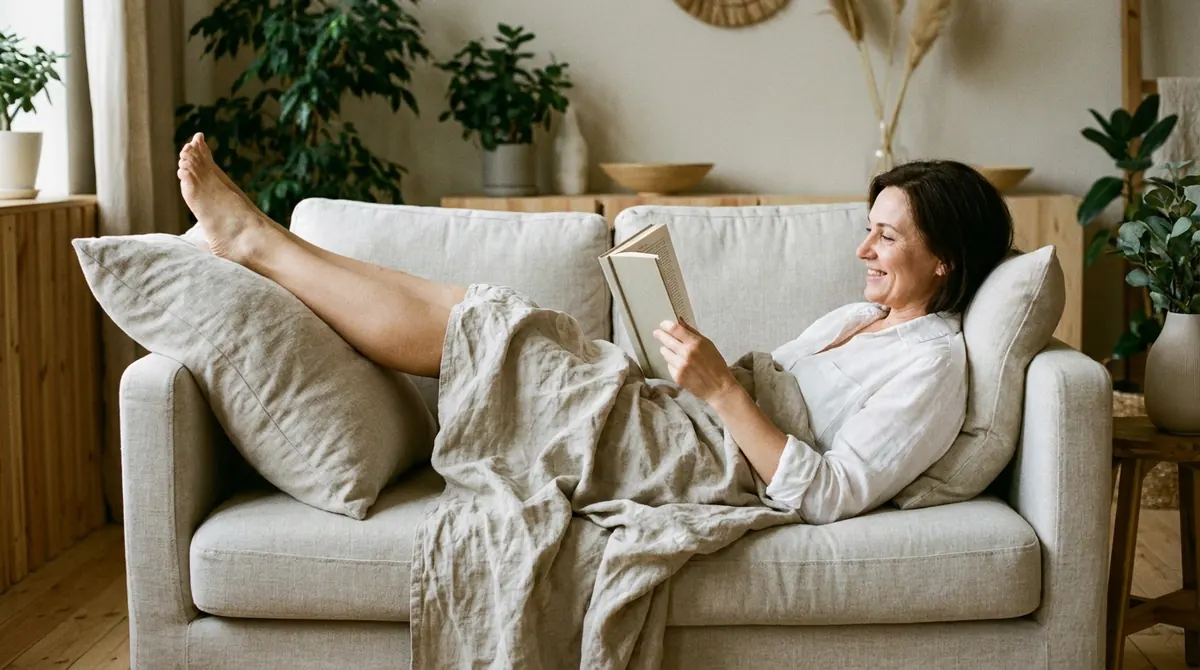 Une femme allongée sur un canapé, jambes surélevées sur des coussins, lecture d'un livre