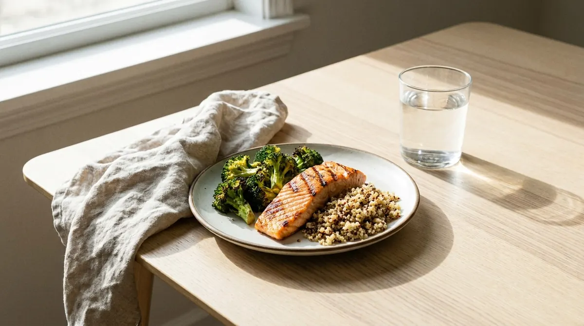 Une assiette de saumon, légumes verts et quinoa avec un verre d'eau, repas équilibré