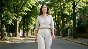 Une femme marche d'un pas droit dans une rue arborée, buste redressé, tenue de ville ample