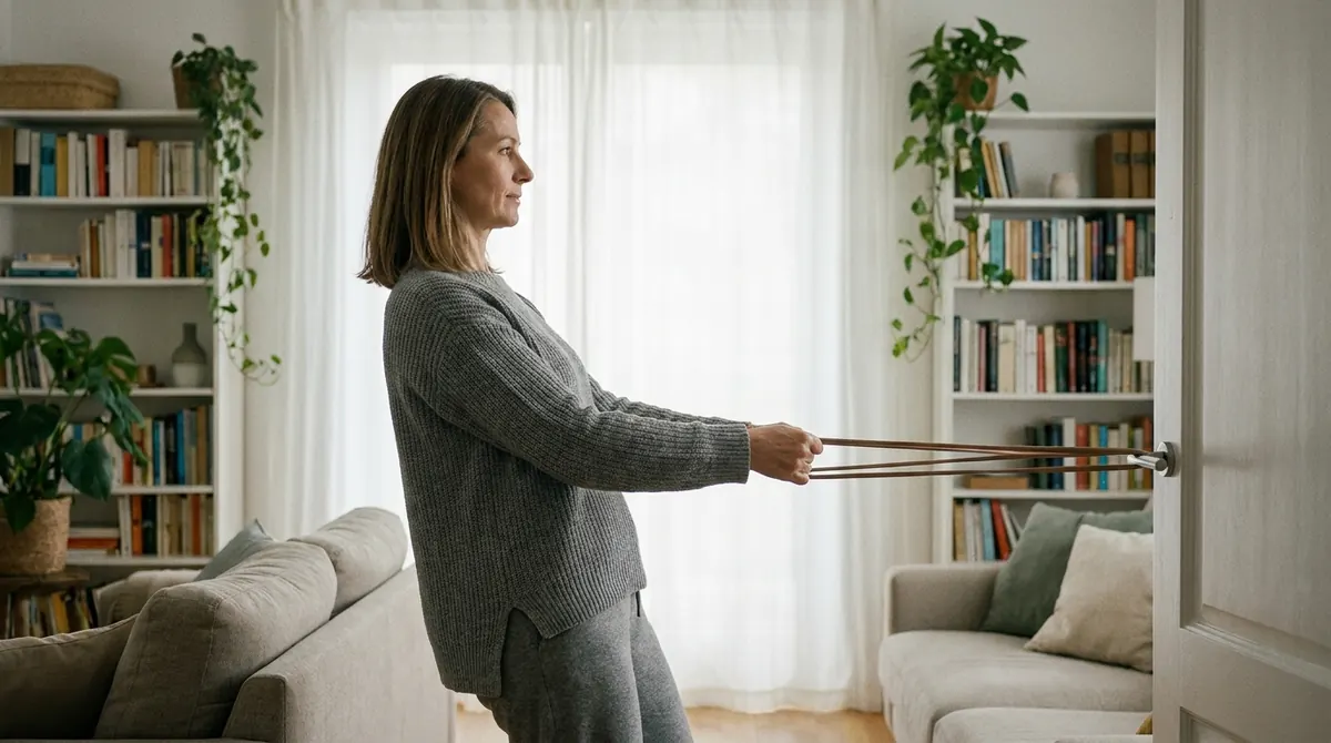 Une femme réalise un exercice de rowing avec un élastique, dos droit, dans son salon