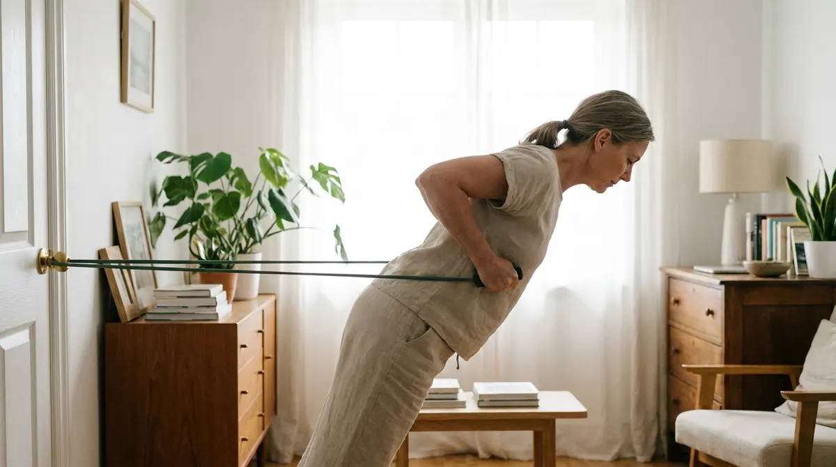 Une femme réalise un tirage horizontal avec un élastique, coudes le long du corps, dans son salon