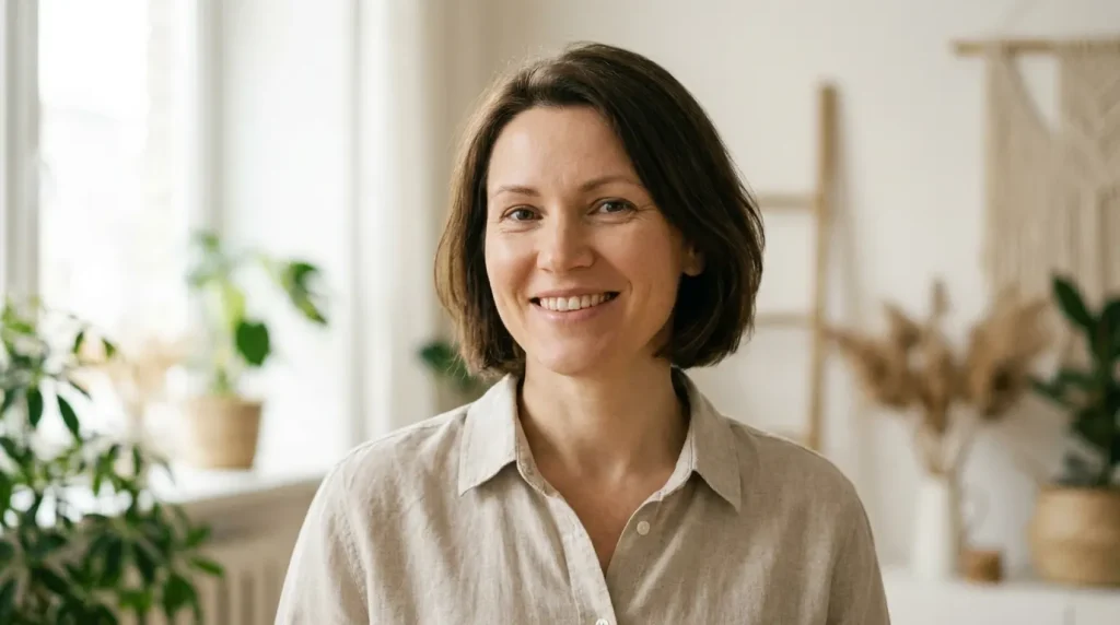 Portrait naturel d'une femme de 40 ans souriante, visage détendu, dans la lumière du matin près d'une fenêtre