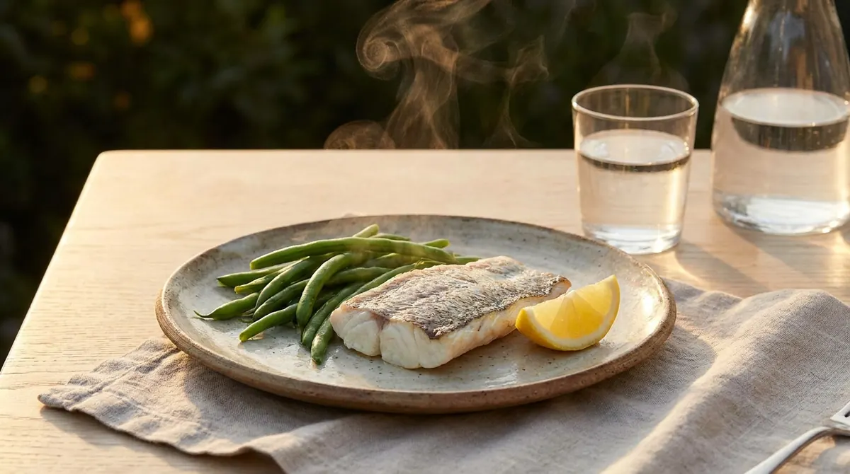 Un dîner léger et peu salé : poisson vapeur, légumes verts et citron sur une table sobre