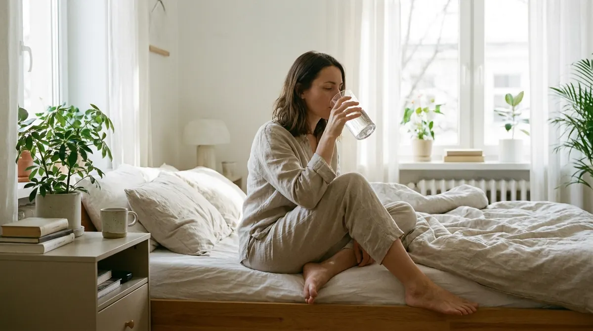Une femme boit un verre d'eau au réveil, assise au bord de son lit dans une chambre claire