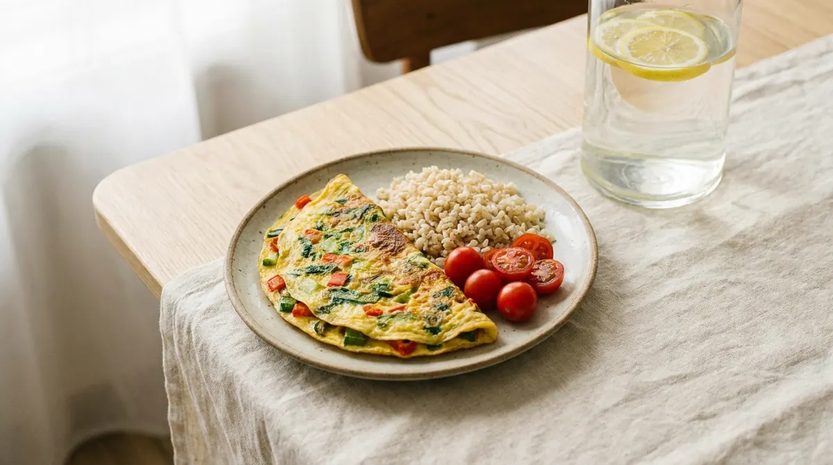 Une assiette de récupération après le sport : omelette aux légumes, riz complet et un verre d'eau