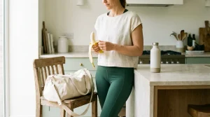 Une femme épluche une banane dans sa cuisine, sac de sport posé sur une chaise à côté d'elle