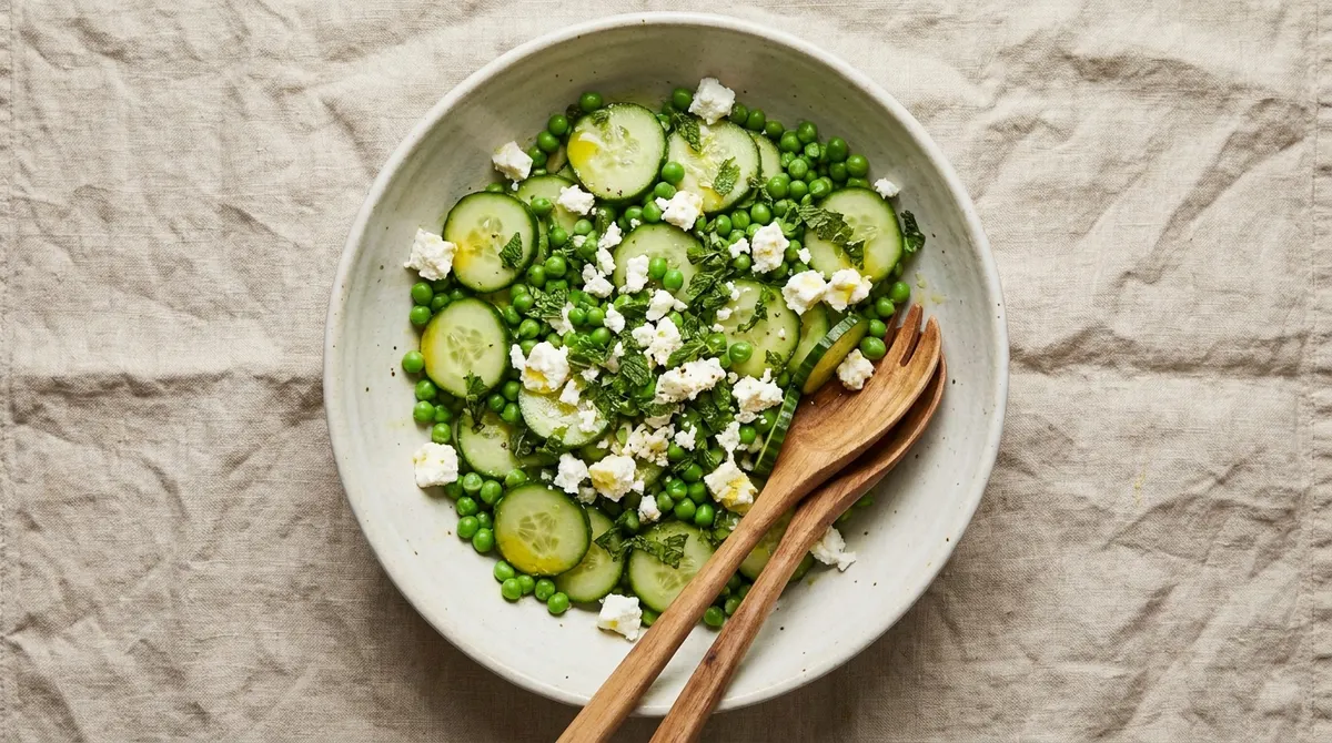 Une salade de concombre, petits pois et menthe ciselée dans un saladier en céramique