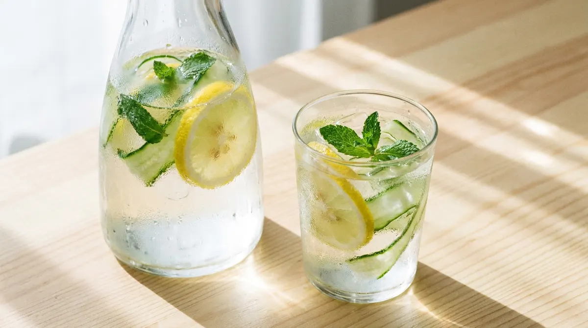 Une carafe d'eau fraîche avec des rondelles de citron, de concombre et des feuilles de menthe