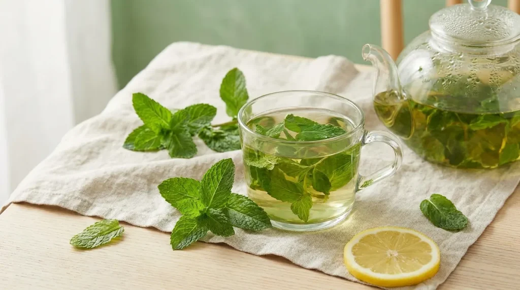 Une tasse d'infusion de menthe fraîche avec des feuilles de menthe et une rondelle de citron sur une table claire