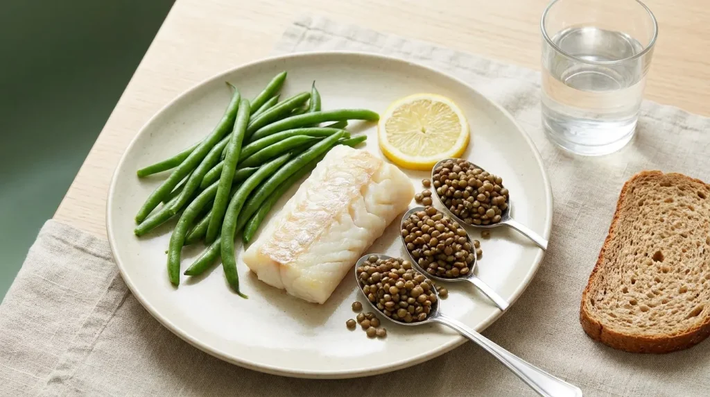 Une assiette équilibrée avec légumes verts, filet de poisson, lentilles et un verre d'eau, sur une table en bois