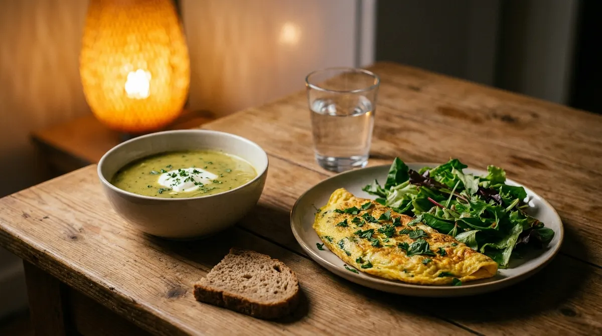 Un dîner léger : soupe de légumes, omelette aux herbes et salade verte sur une table de cuisine le soir