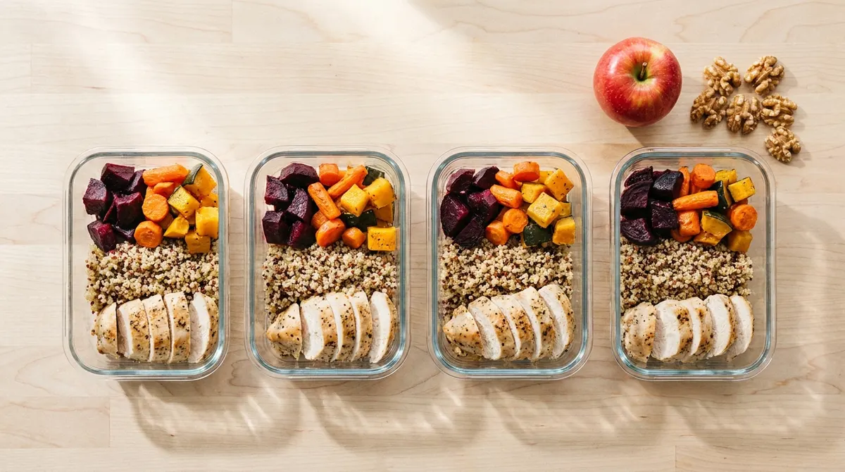Des boîtes de repas préparés pour la semaine, légumes, quinoa et poulet, alignées sur un plan de travail