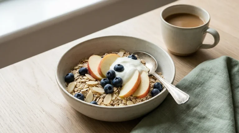 Un bol de muesli aux flocons d'avoine, noix et fruits frais avec du yaourt nature, sur une table lumineuse